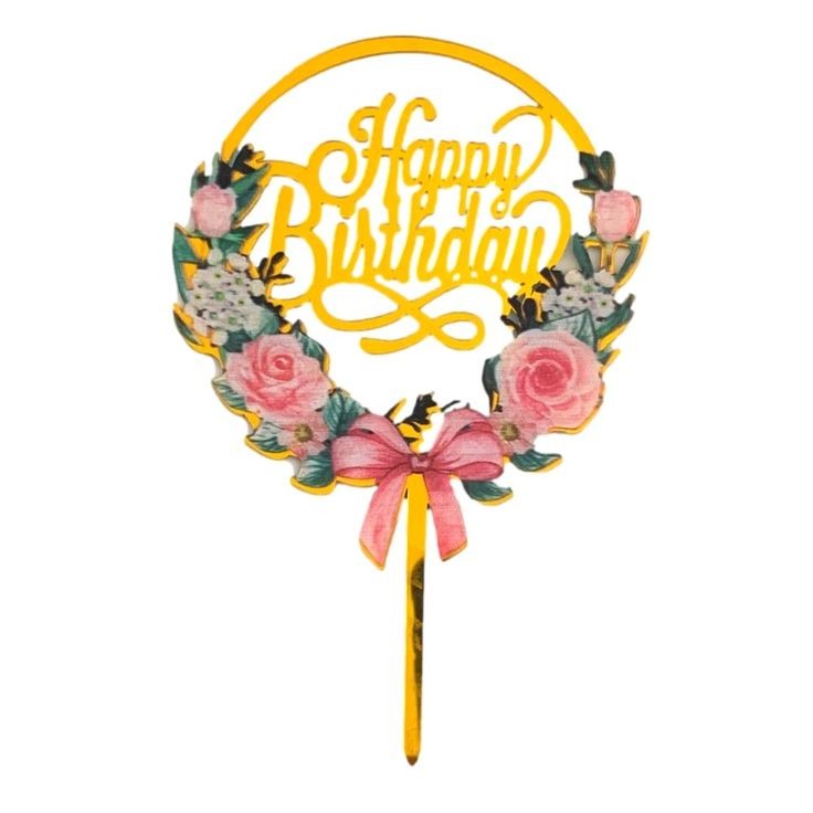 Cake Topper Happy Birthday Flowers Gold